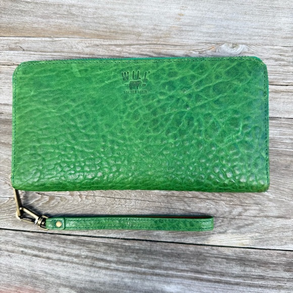 Will Leather Goods Green Leather Zip Around Wristlet Wallet Clutch - Picture 1 of 8